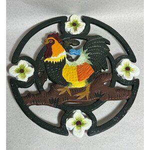 Hand-Painted Cast Iron Rooster Trivet With Floral Design